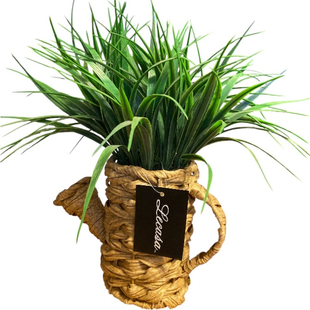 Green Artificial Plant in Brown Woven Basket shaped as a watering can